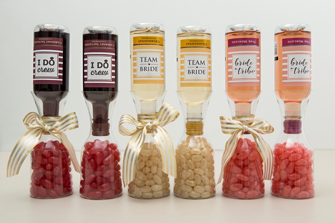 Print one of our 3 free labels and make these adorable mini wine gifts for your bridesmaids!