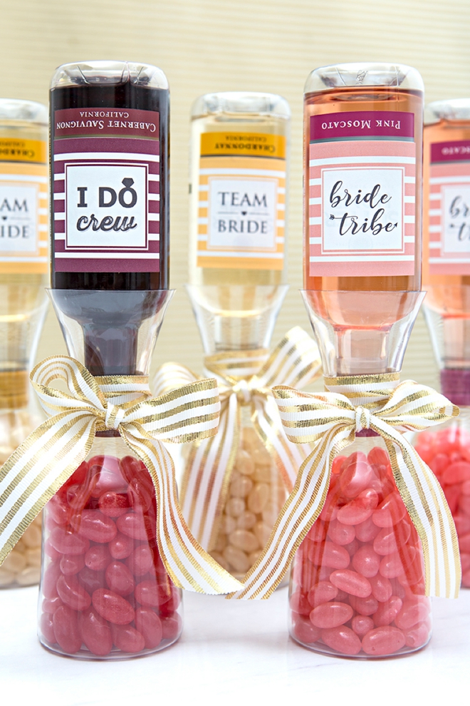 Print one of our 3 free labels and make these adorable mini wine gifts for your bridesmaids!