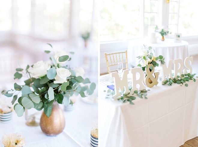 We love the gold and greenery filled centerpices at this stunning Spring wedding!