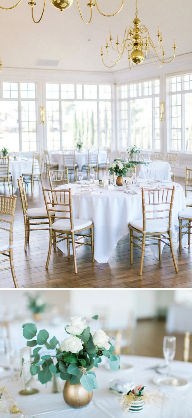 We love this reception with this delicate gold and greenery style!