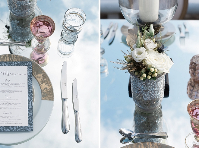 How stunning is this mirrored table and metallic accents tablescape?! LOVE!