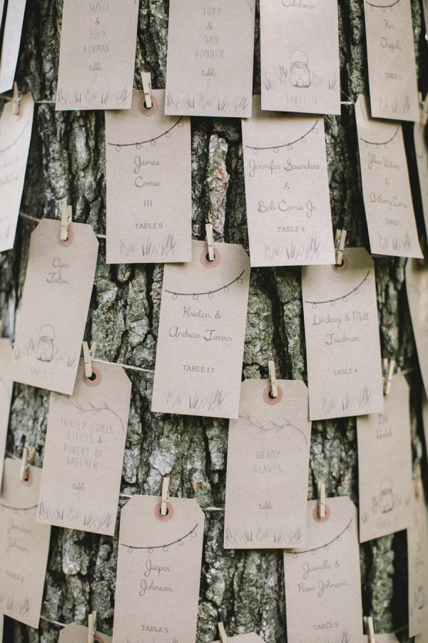 What a cool idea! Escort cards pinned to a tree for an outdoor wedding.