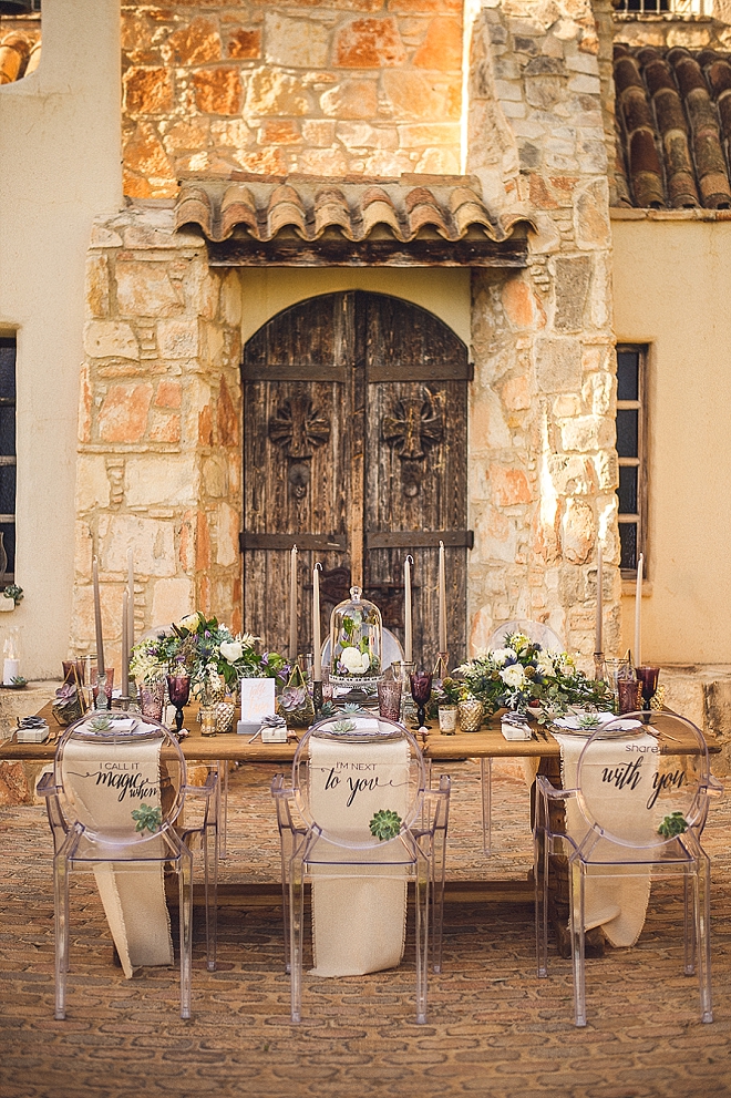 Holy reception! We're in LOVE with these ghost chairs with lettering on the back for your reception!