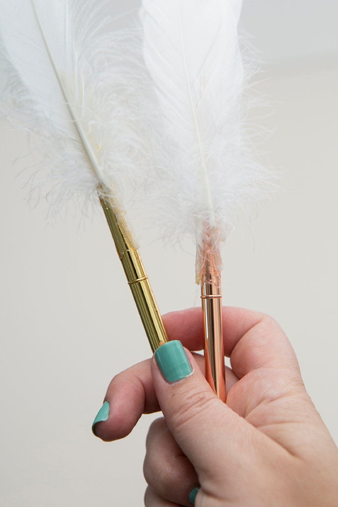 Learn how to embellish these rose gold pens with feathers, boho style!