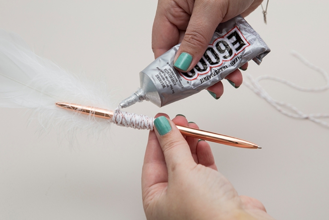 Learn how to embellish these rose gold pens with feathers, boho style!