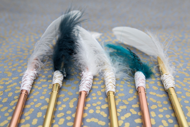 Learn how to embellish these rose gold pens with feathers, boho style!