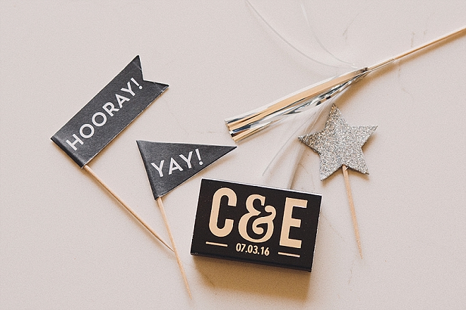 We love this couple's modern sparkler exit and custom matchbook details!