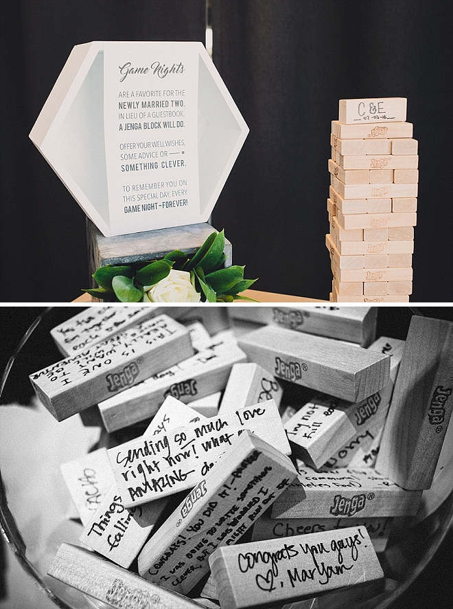 We love this couple's fun jenga game guest book idea!