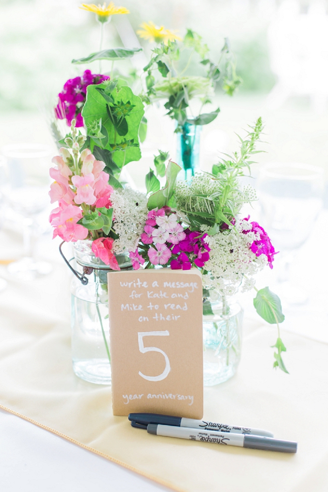 Check out these darling wild flower centerpieces and table numbers that they can read on each anniversary!