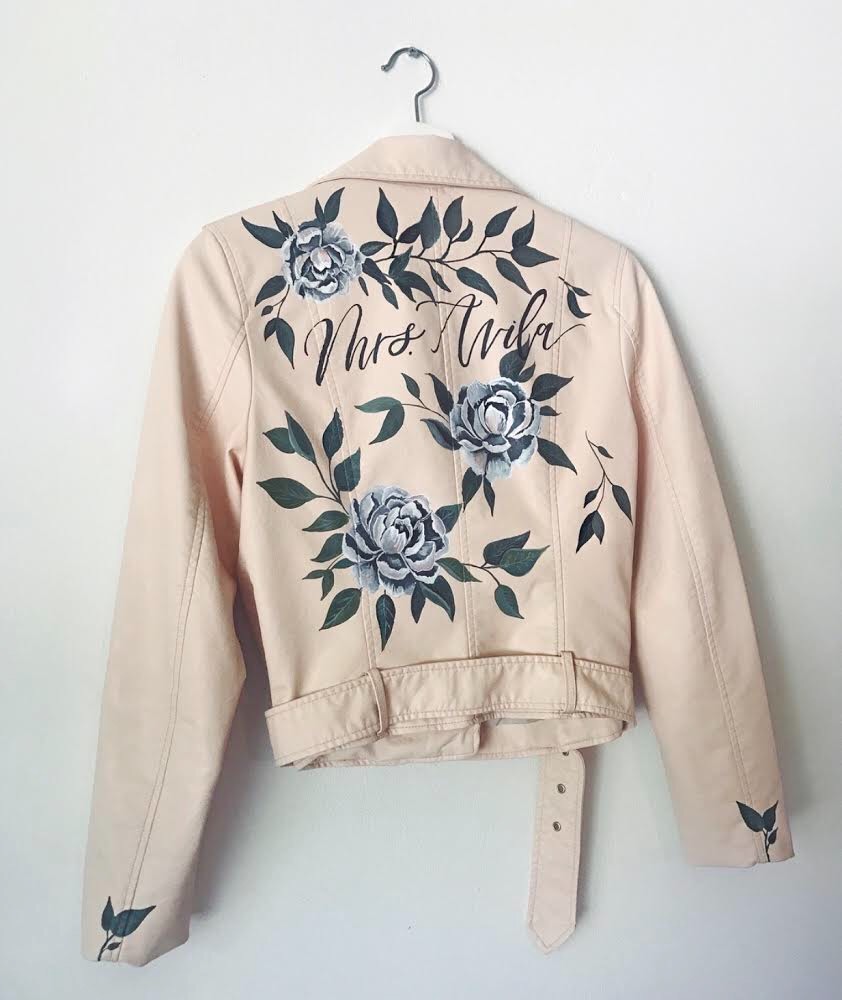 Gorgeous custom handlettered and painted wedding jacket by Bash Calligraphy!