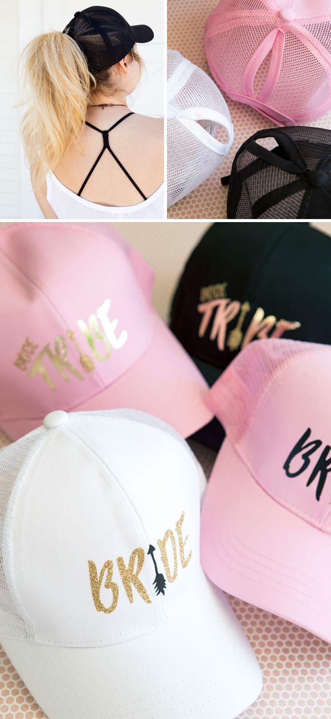 These easy DIY iron-on Bride Tribe ponytail trucker hats are the best thing ever!