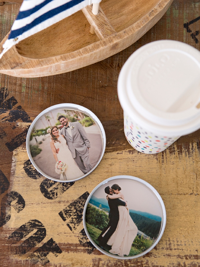 One piece mason jar lids, resin and photos make the most darling custom coasters!