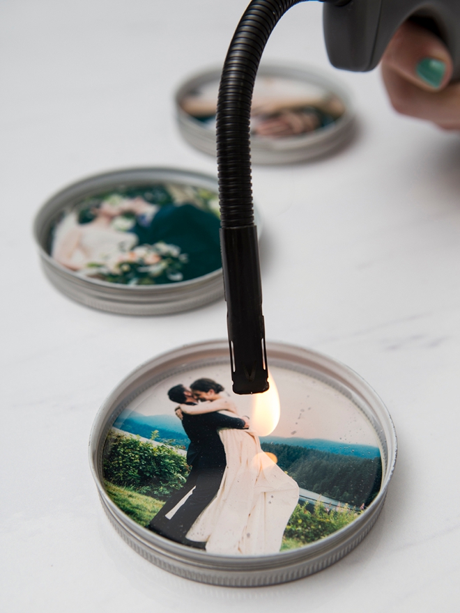 One piece mason jar lids, resin and photos make the most darling custom coasters!