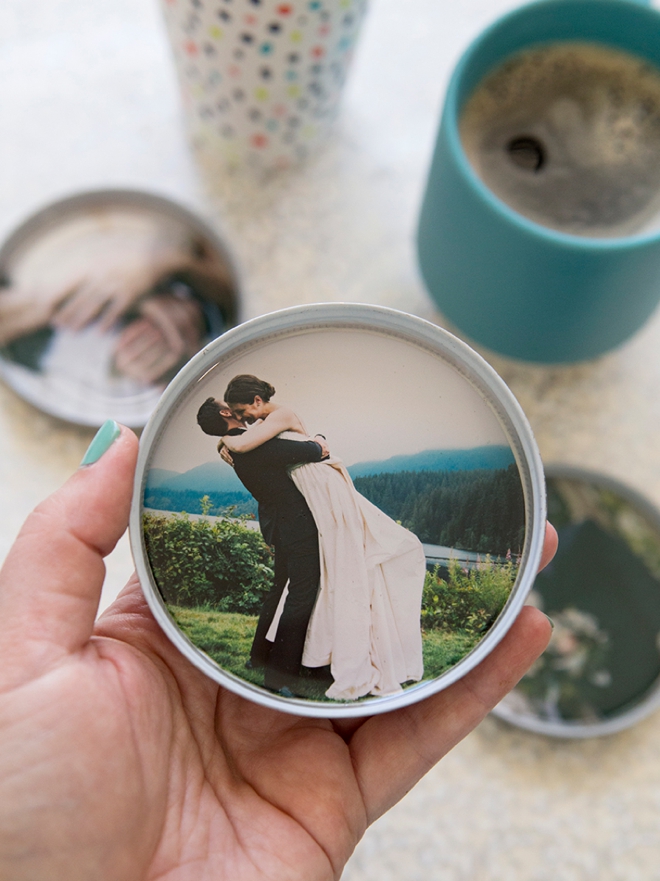 One piece mason jar lids, resin and photos make the most darling custom coasters!