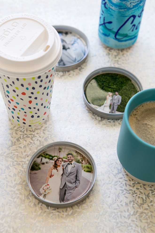 One piece mason jar lids, resin and photos make the most darling custom coasters!