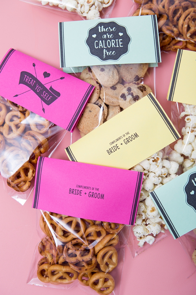 Use any snack and any color paper to make these awesome wedding snack gifts!