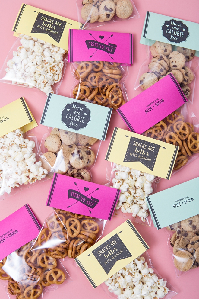 Use any snack and any color paper to make these awesome wedding snack gifts!