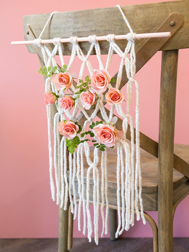 We're obsessing over these DIY yarn macramé wedding reception chairs!