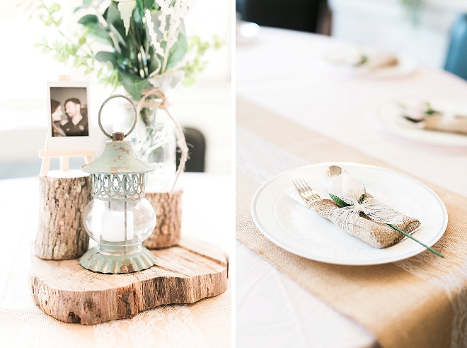We are loving these rustic-chic wooden centerpieces at this gorgeous reception!