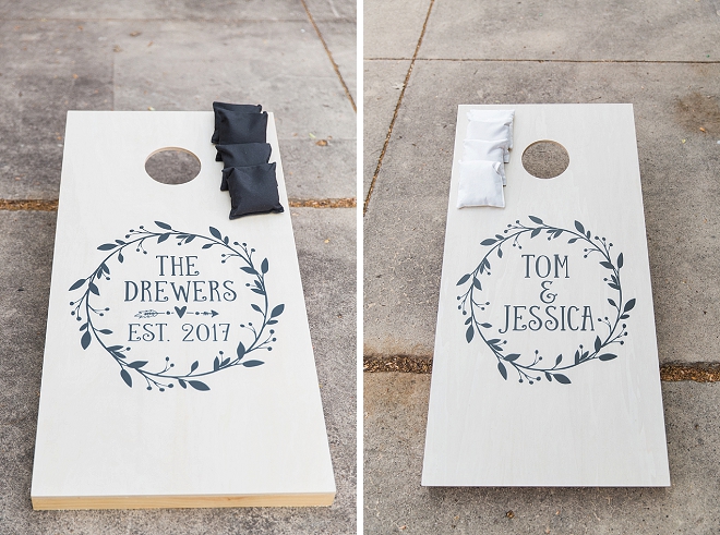 How fun are these customized corn hole game boards for the reception?! LOVE!