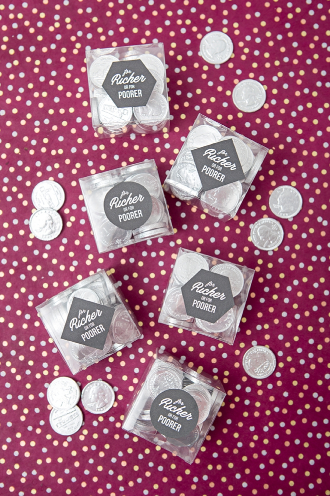 How adorable are these DIY for richer or for poorer chocolate coin wedding favors!?