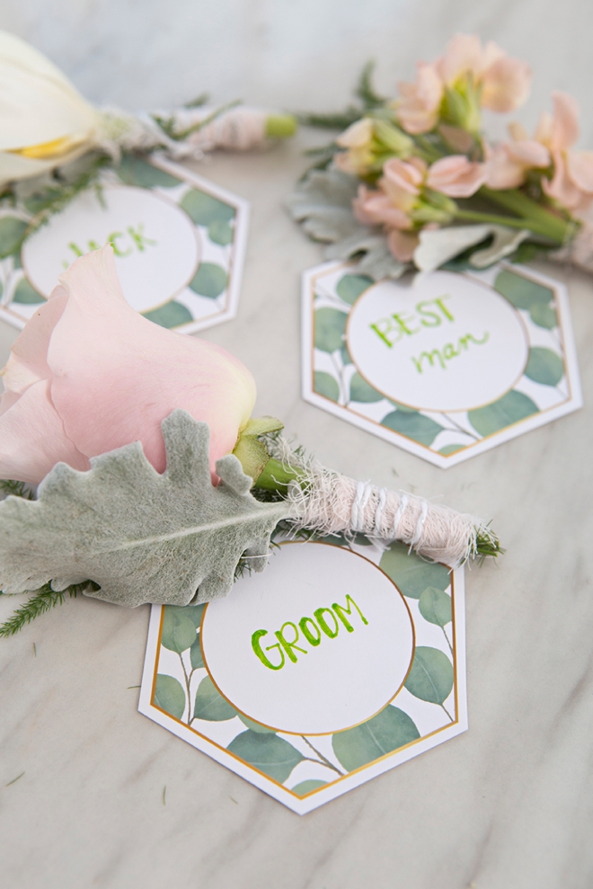 You can print these darling bouquet and boutonniere tags for free!