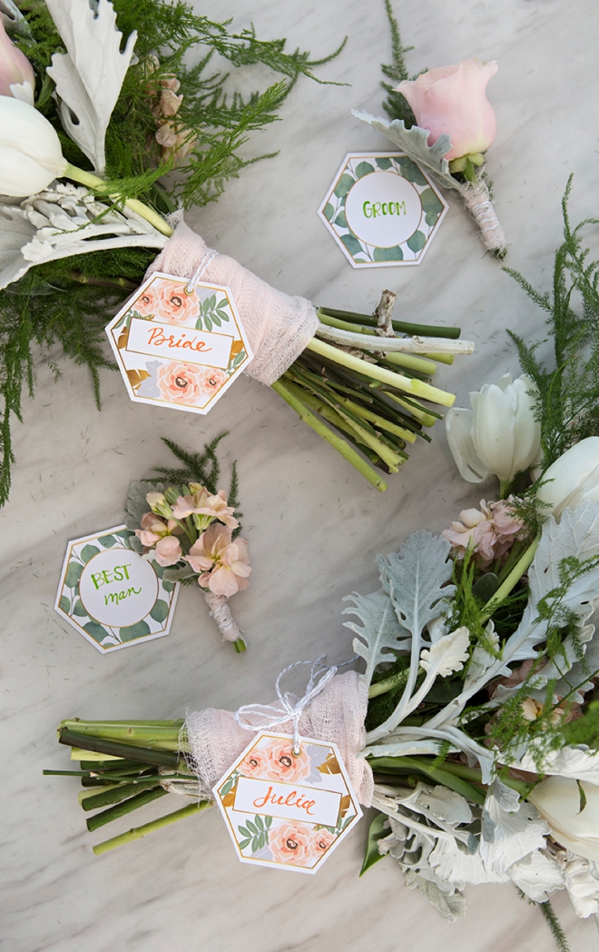 You can print these darling bouquet and boutonniere tags for free!