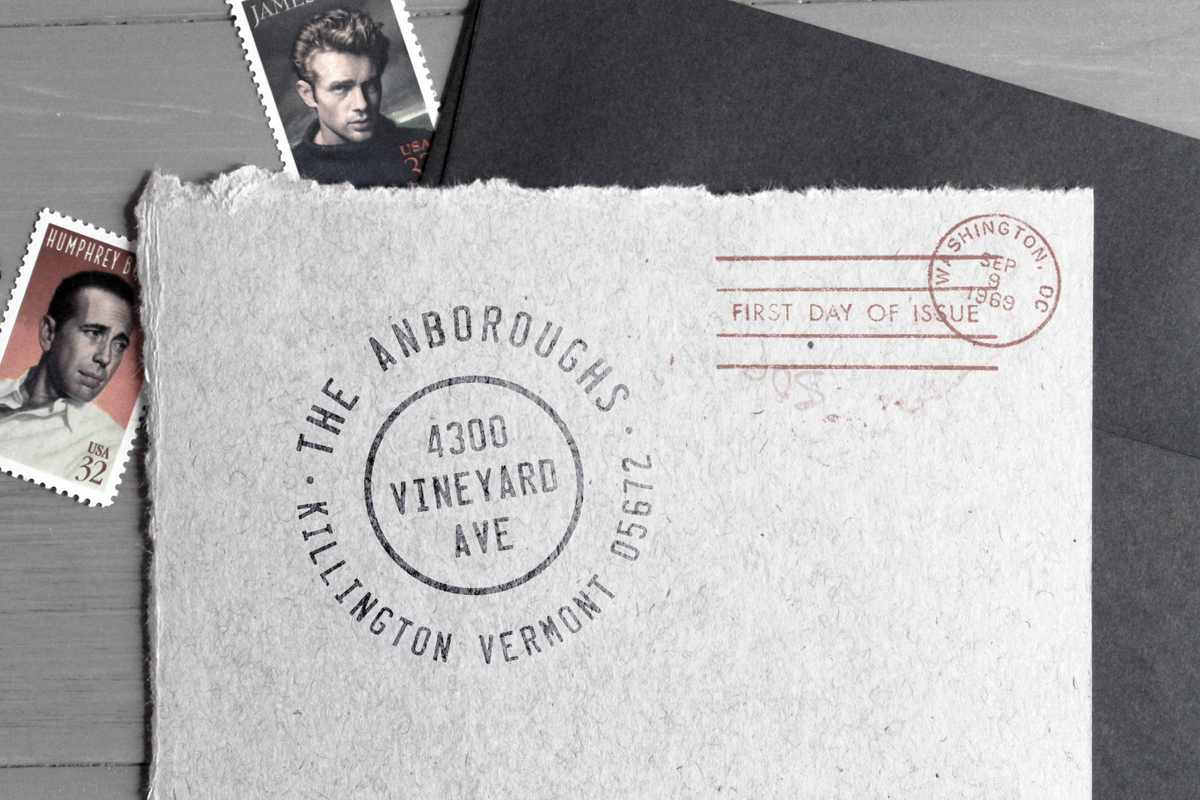 Custom return address stamp from Unveil Co. Goods Company