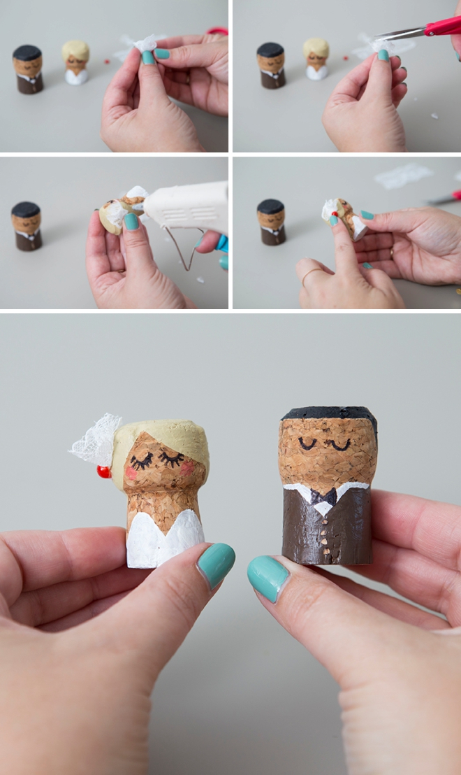 OMG, these DIY champagne cork bride and groom cake toppers are the cutest thing ever!