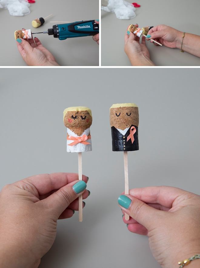 These DIY champagne cork bride and groom keepsakes are the BEST thing ever!