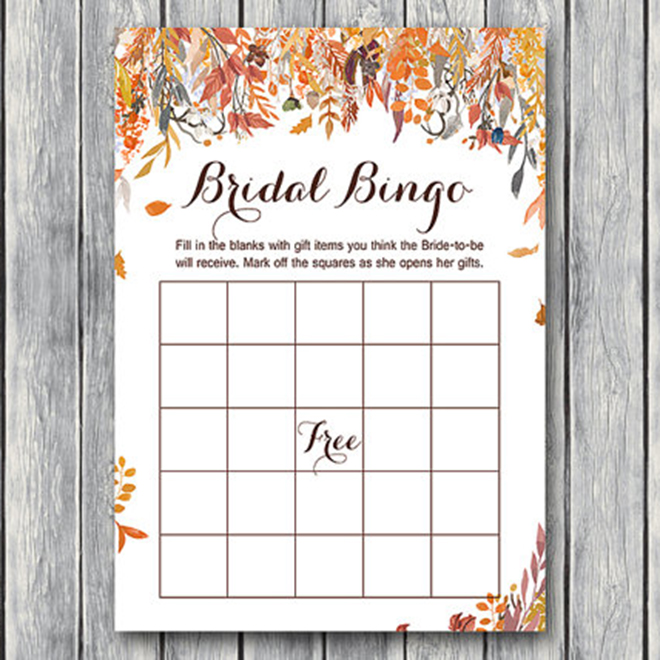 Fall bridal bingo printable by Bride and Bows