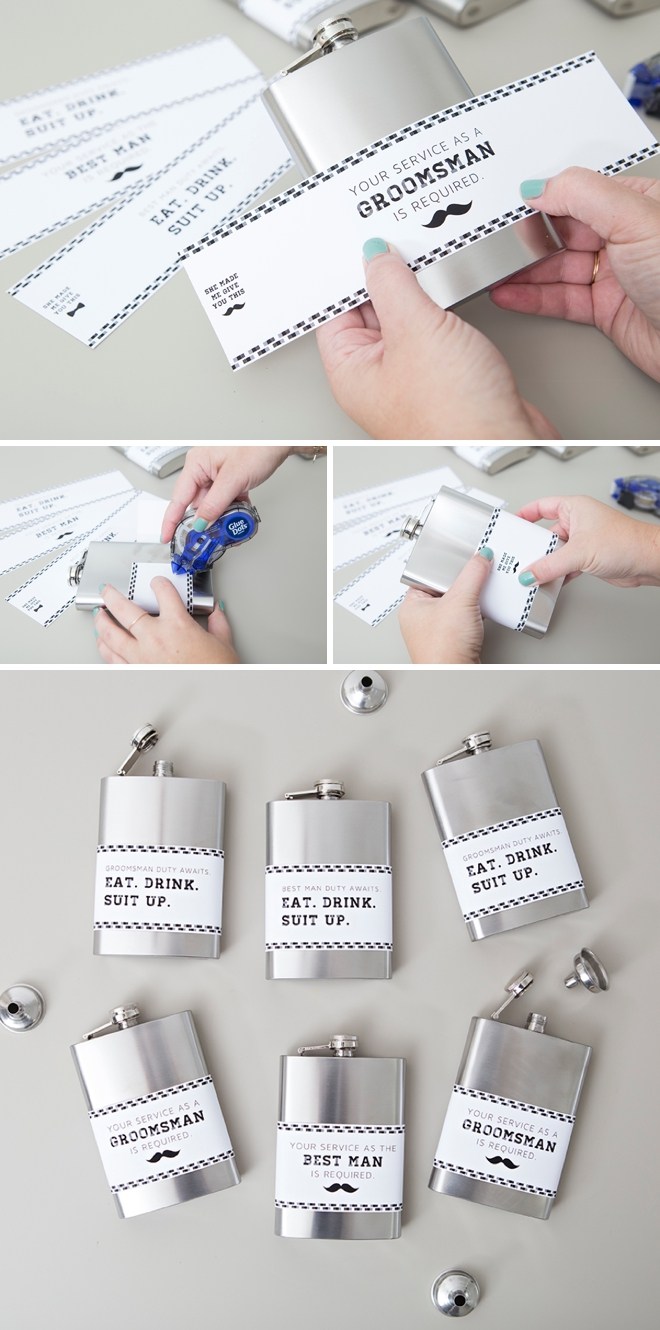 These DIY Eat, Drink, Suit Up, Groomsman Flasks are adorable!