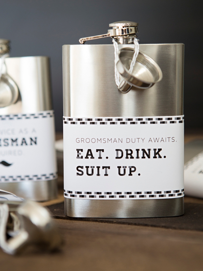 These DIY Eat, Drink, Suit Up, Groomsman Flasks are adorable!