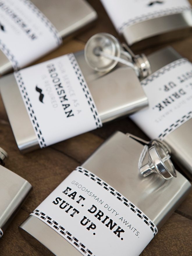 These DIY Eat, Drink, Suit Up, Groomsman Flasks are adorable!