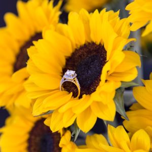 Gorgeous shot of a wedding ring in stunning sunflowers!