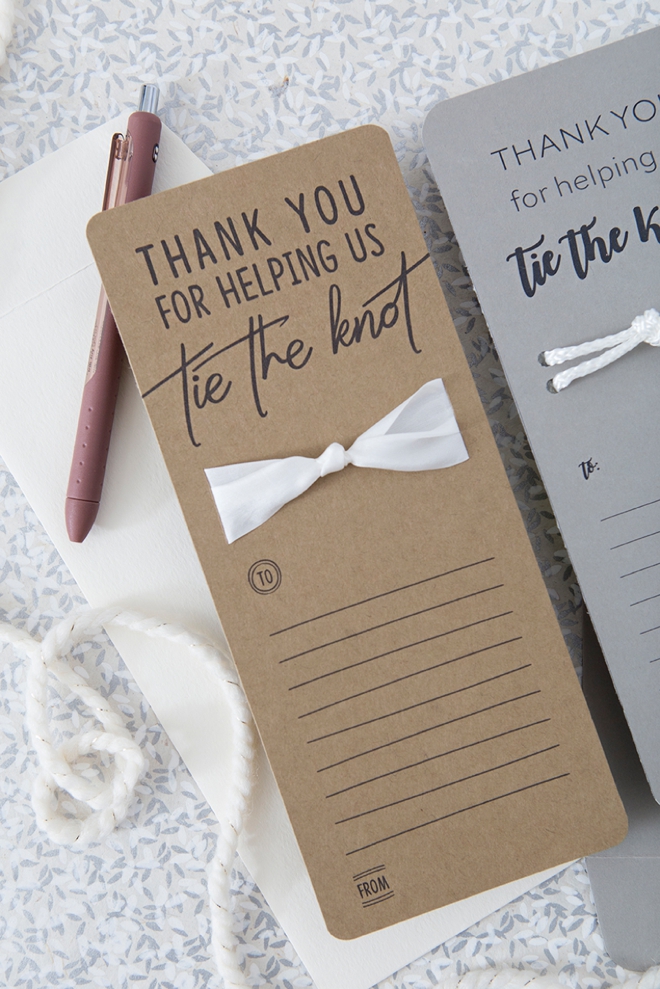 These DIY, Thank You For Helping Us Tie The Knot thank you cards are the cutest!!