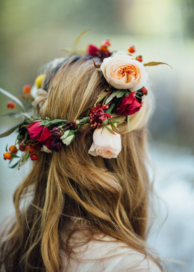Boho, bright flower crown is perfect for a winder wedding. 