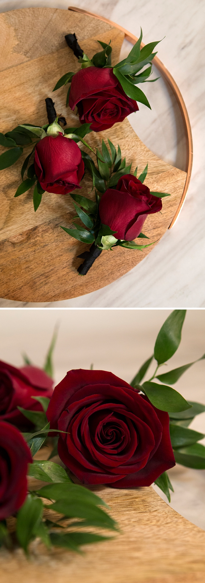 Gorgeous boutonnieres made with Black Magic red roses!