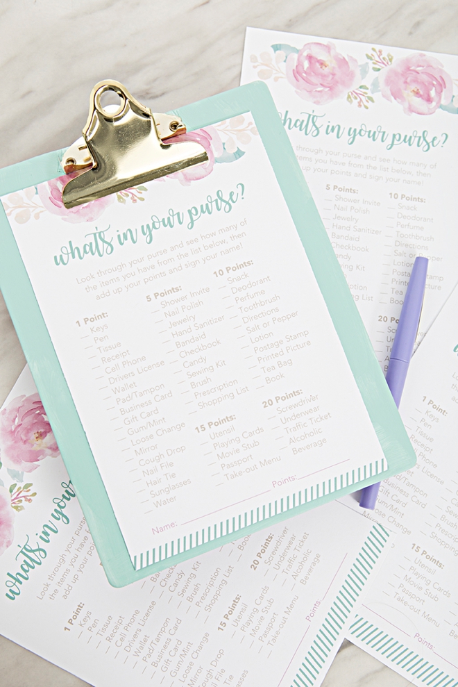 The cutest FREE printable What's In Your Purse shower game!