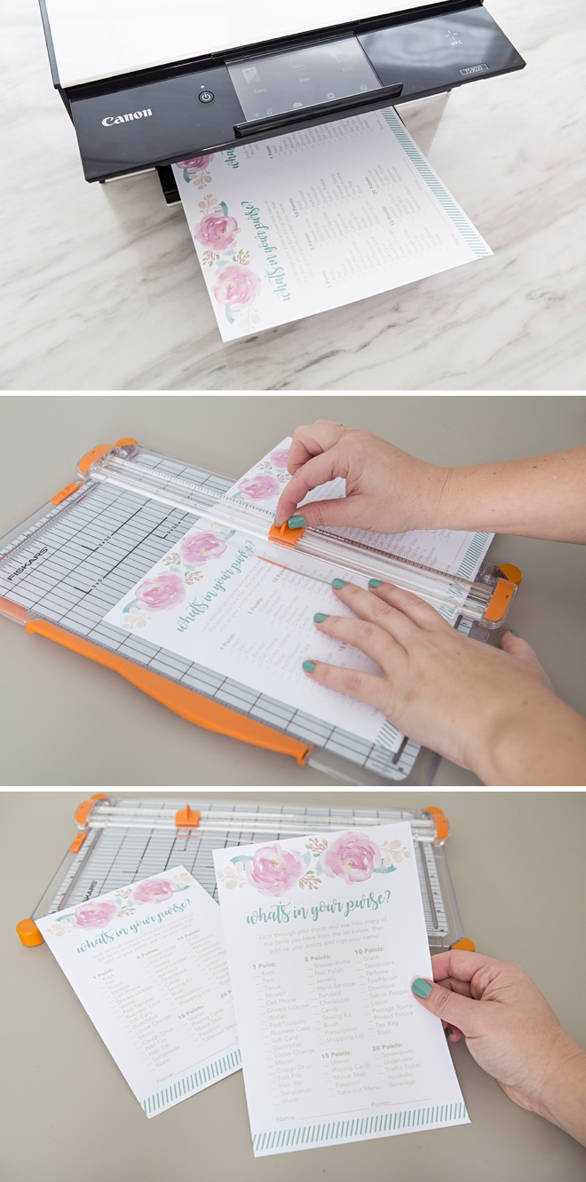 The cutest FREE printable What's In Your Purse shower game!