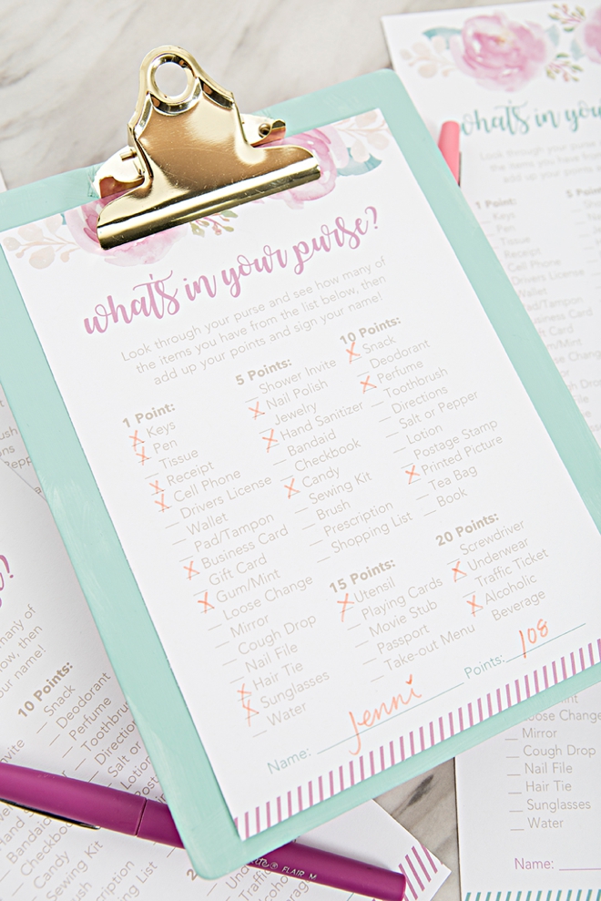 The cutest FREE printable What's In Your Purse shower game!