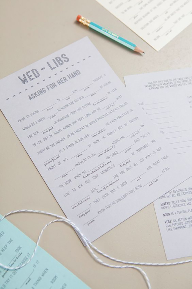 Something Turquoise's wedding Mad Libs make a great shower activity. 