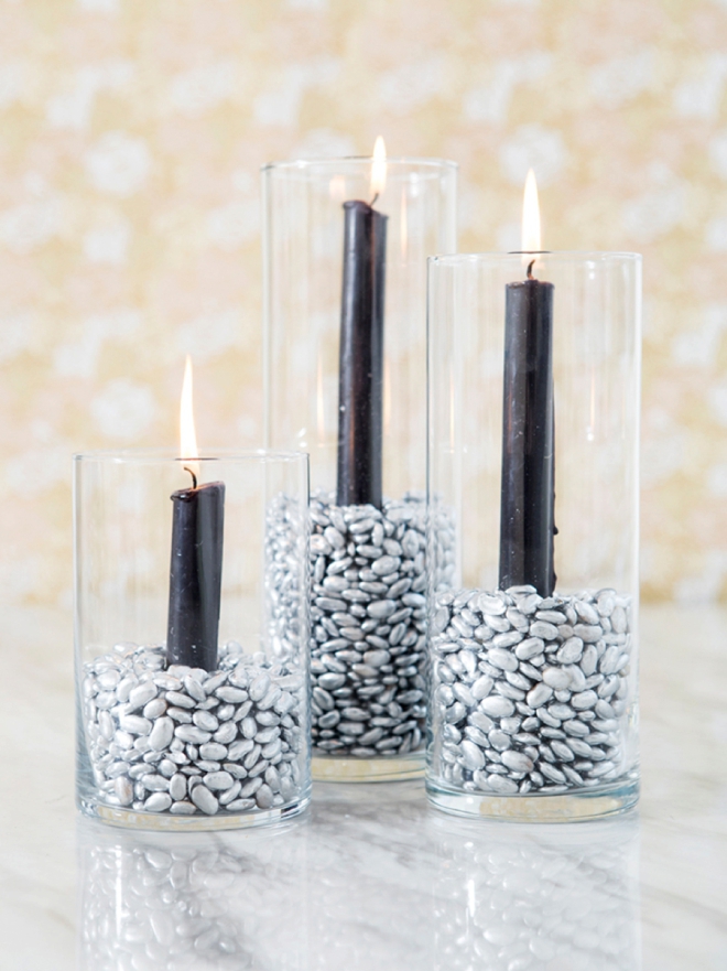 Cheap DIY centerpieces, spray painted beans and candles!