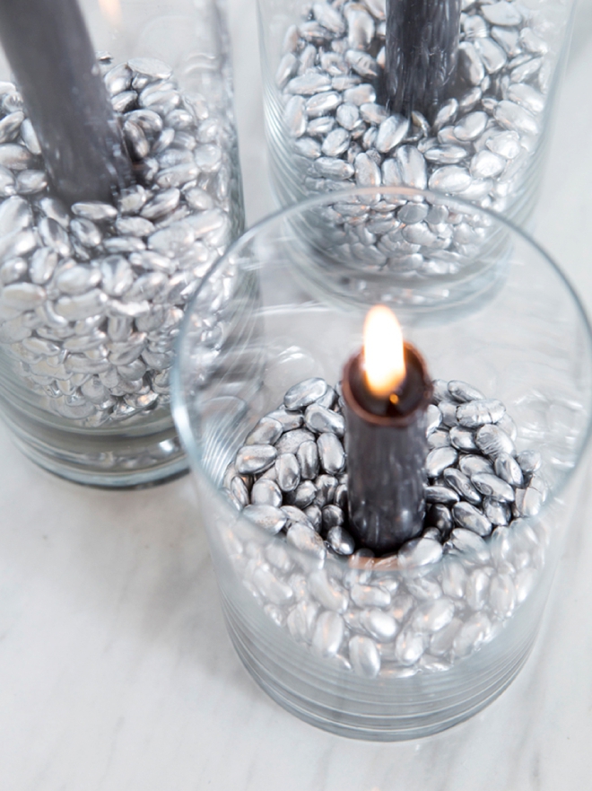 Cheap DIY centerpieces, spray painted beans and candles!