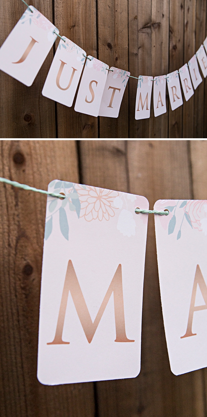 Free printable Just Married banner with a floral design and rose gold letters!