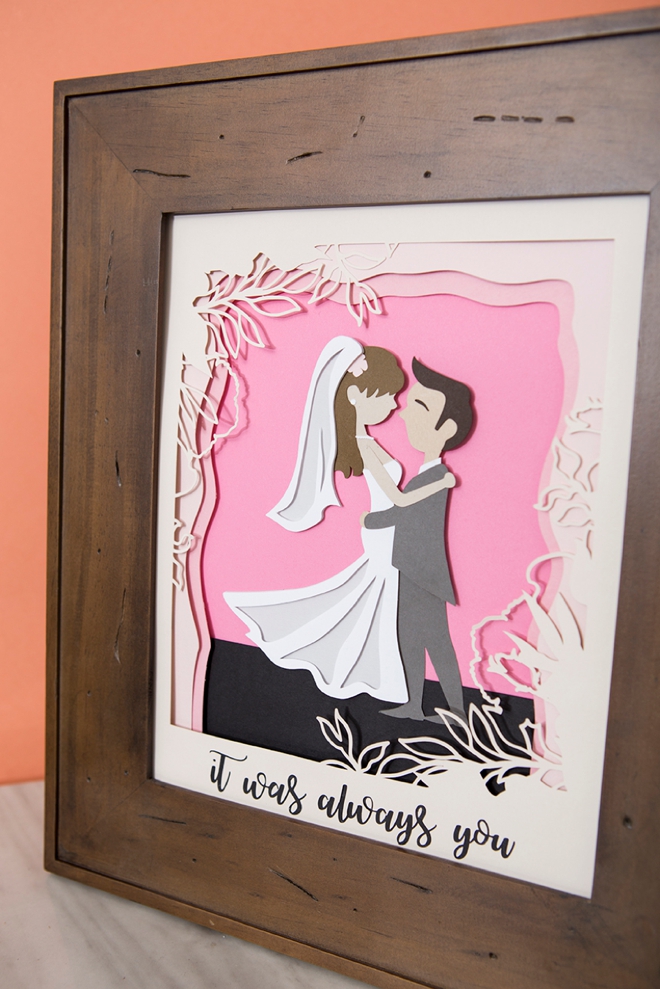 This DIY wedding portrait paper scene is the cutest!