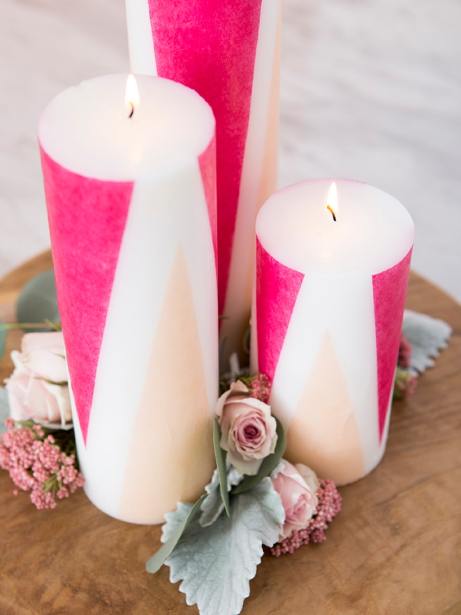 Learn how to add colored tissue paper to plain pillar candles!