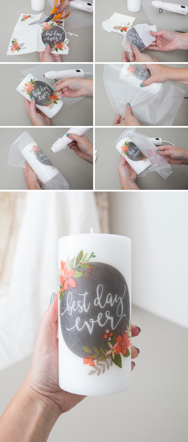 Learn how to melt napkin designs onto plain pillar candles!