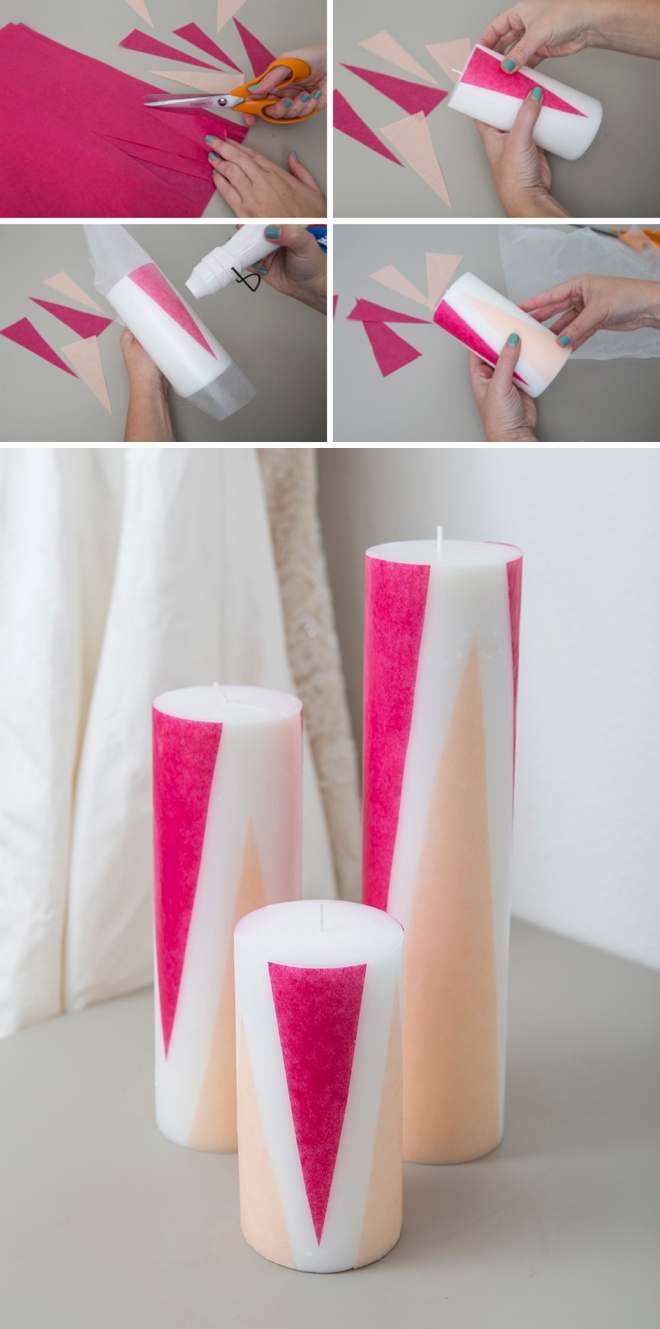 Learn how to add colored tissue paper to plain pillar candles!