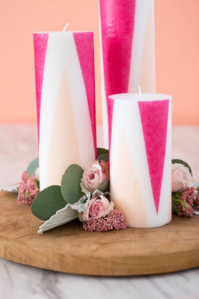 Learn how to add colored tissue paper to plain pillar candles!